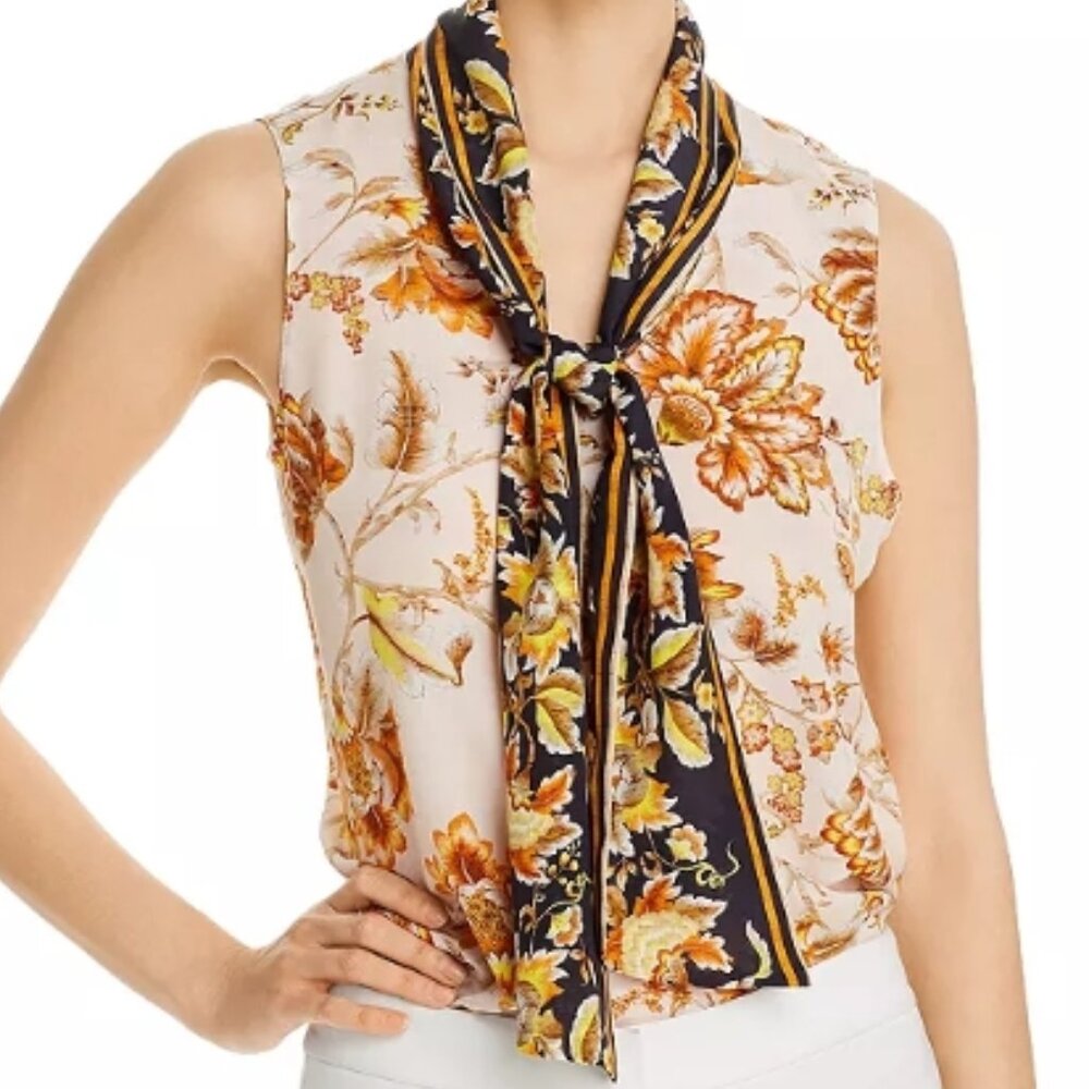 Kobi Halpern Floral Print Sleeveless Blouse with Scarf Tie